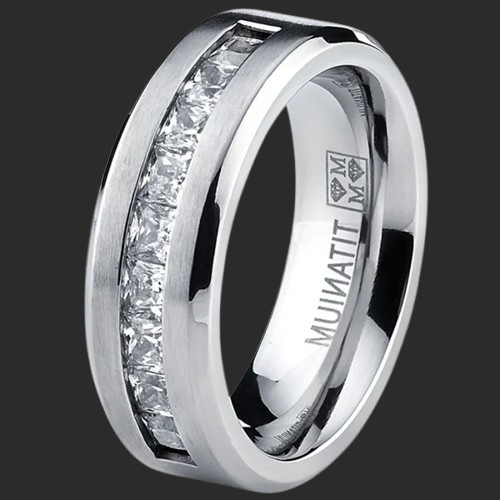 Silver Plated Stainless Steel Ring for Men, Square Cubic Zircon